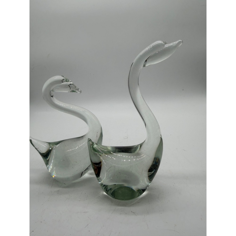 Vintage Hand Blown Glass Swan Figurines Clear Green Smoke Set of 2 Paperweights - Picture 7 of 11